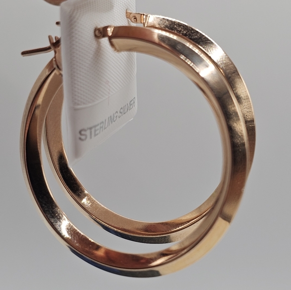 925 Sterling Silver Jewelry - Sterling Silver 925 Rose Gold Plated Plain 3D Design Plain Hoop Earrings 30MM